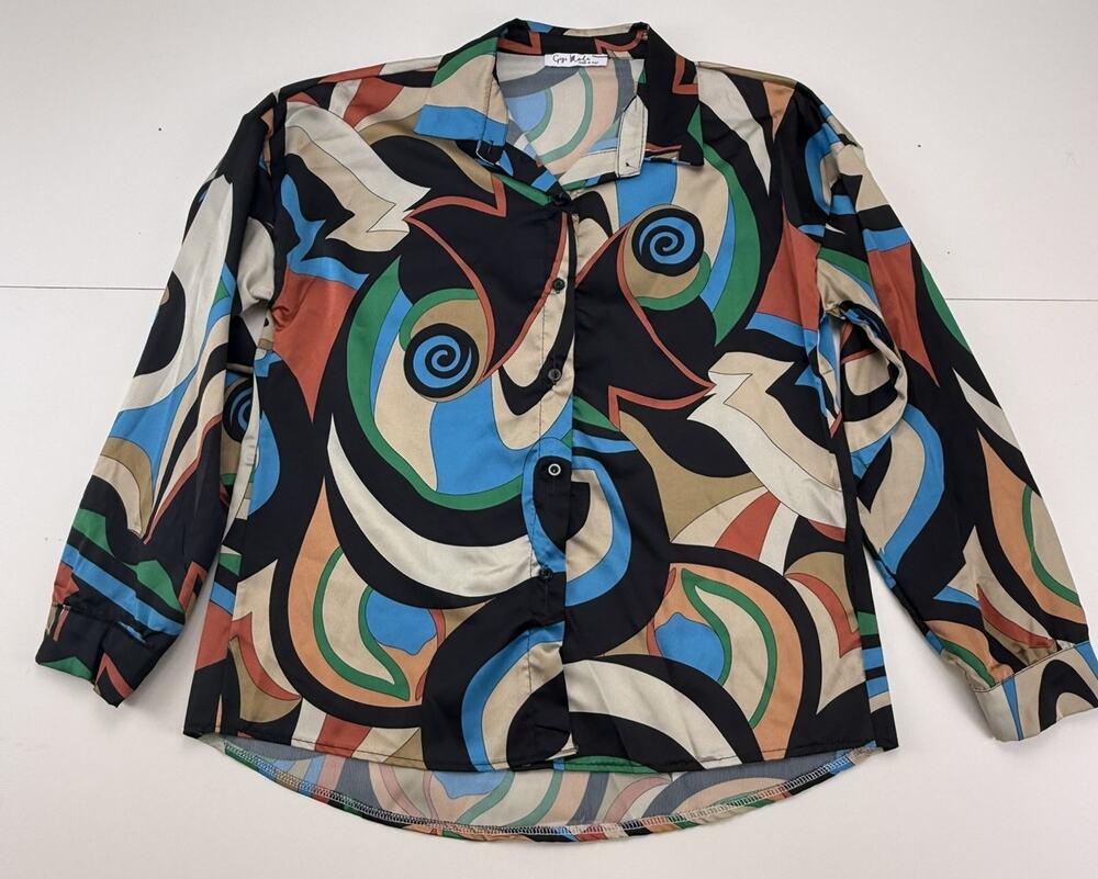 Gigi Moda Made Italy Womens Abstract Mod Print Button Shirt Blouse Multicolor
